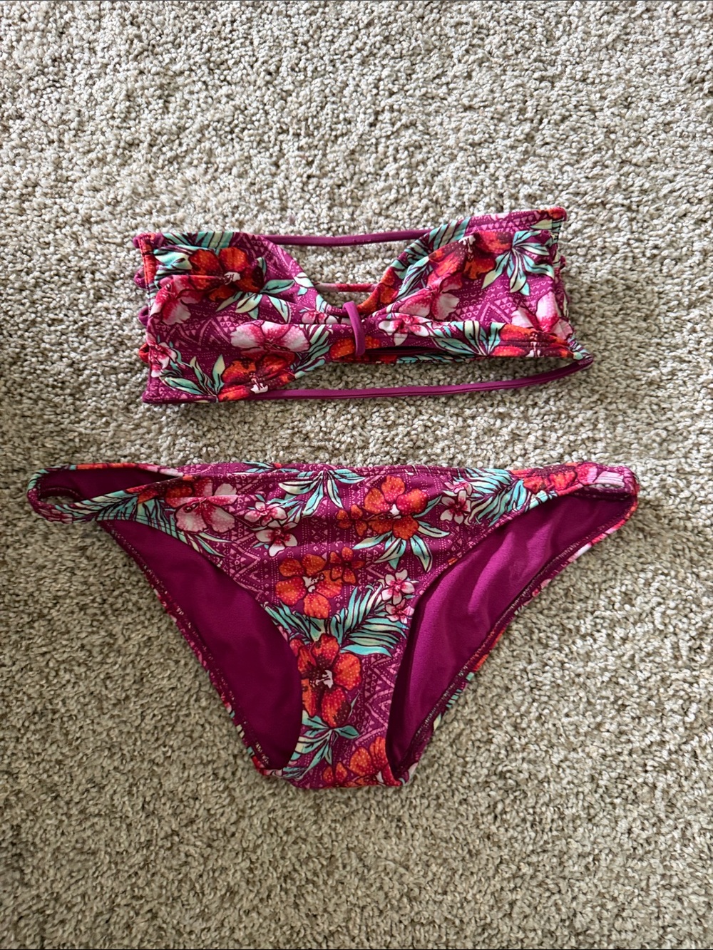 Hollister Tropical Floral Bandeau Bikini in Magenta